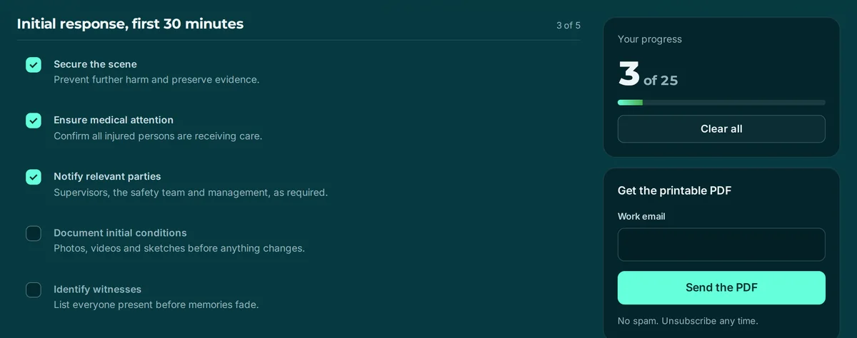 The ICAM checklist in the browser: the first response steps, three ticked, and a progress meter reading 3 of 25