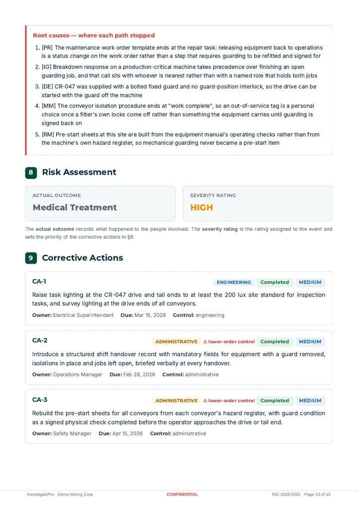 Corrective actions page listing actions with control type, owner and due date